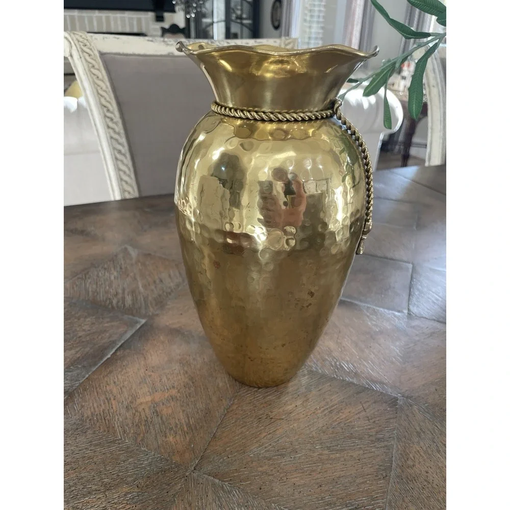 Vtg Hammered Brass Planter Urn Vase  Rope Tassel Design 10.25